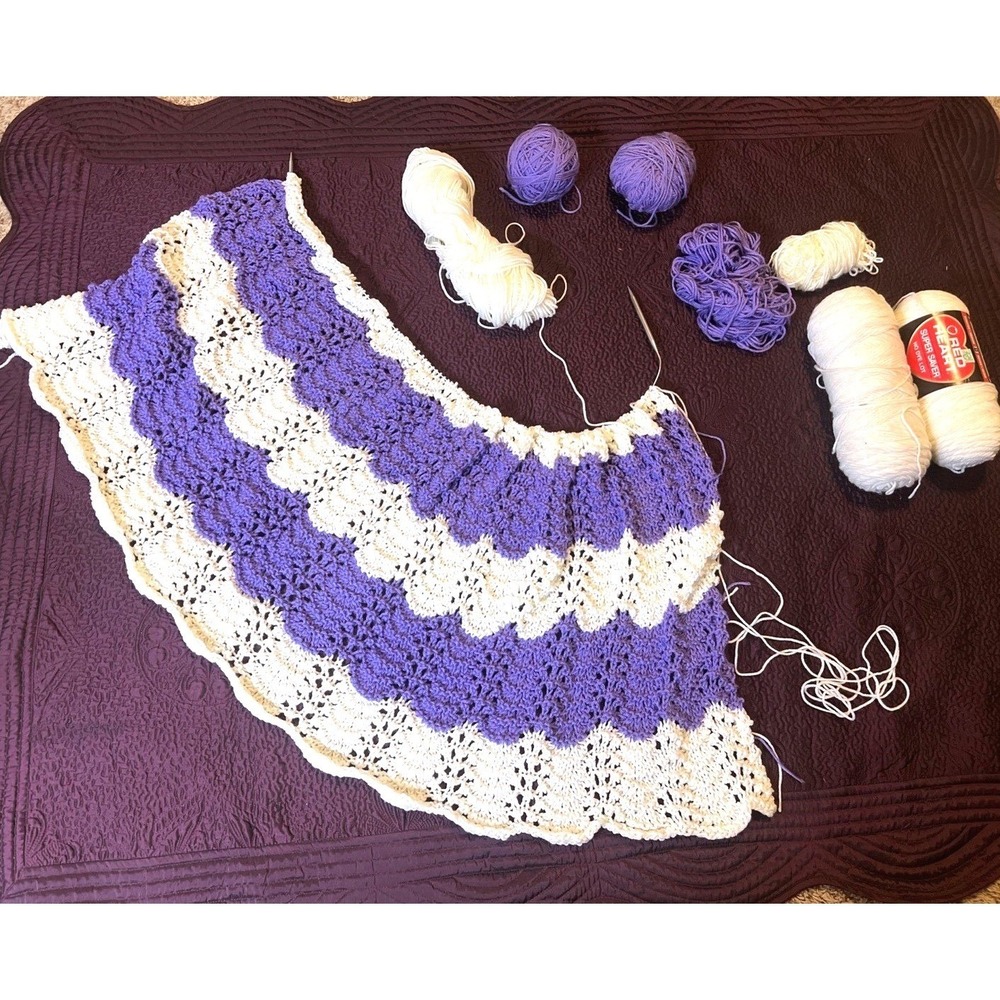 Unfinished White Purple Crocheted Blanket Project W/Circular Knitting Needles